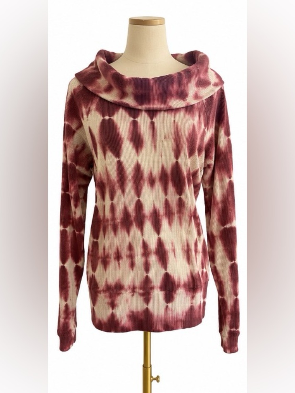 Anthropologie Pilcro Tie Dye Waffle Knit Cowl Neck Burgundy Medium Thermal